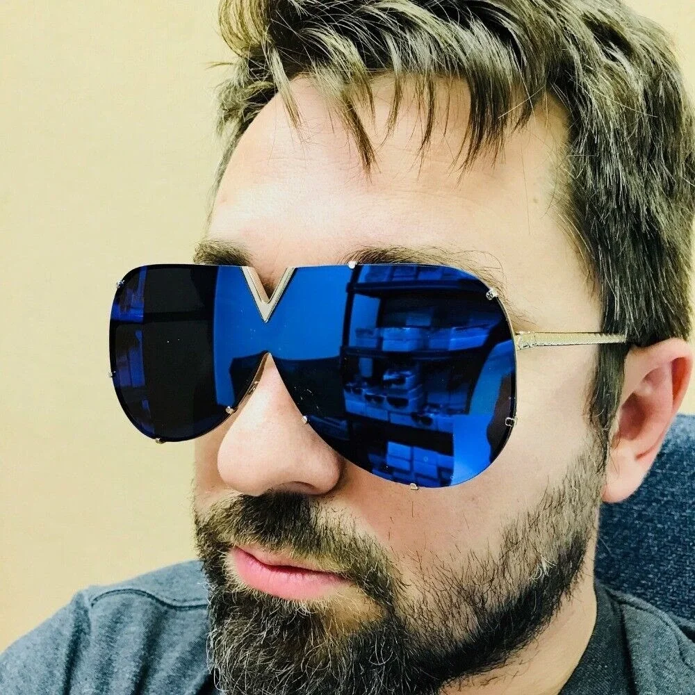 Rimless Shield Sunglasses Blue Mirrored Lens V Cutout Accents Fashion Trendy New